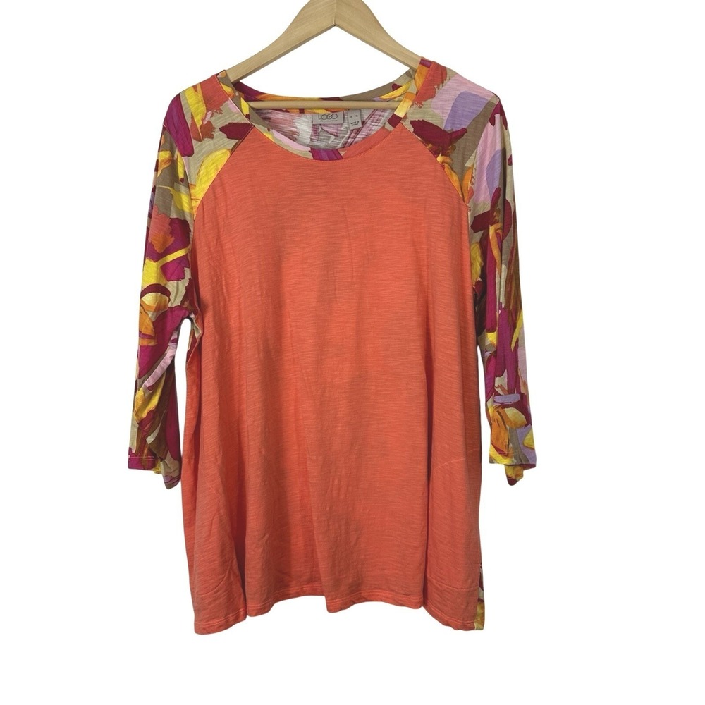 LOGO Lori Goldstein Orange Floral Tunic Top Womens XL 100% Cotton Pockets Casual